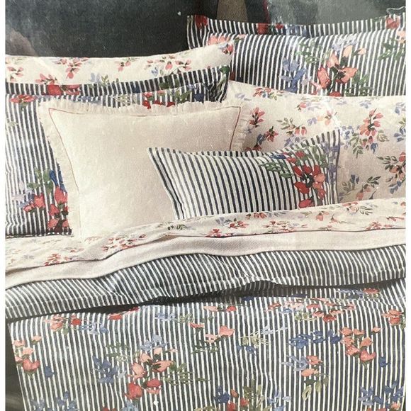 Ralph Lauren MAGGIE Floral Stripe KING Duvet Cover Set Cover & 2 King Shams $385 - Picture 3 of 4